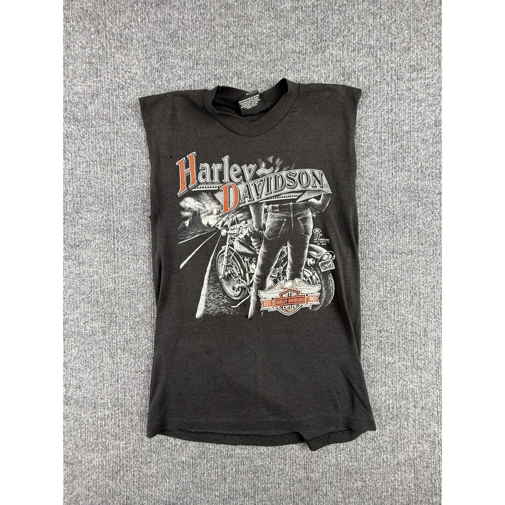 Vintage Harley-Davidson Shirt Mens Medium Black 3D Emblem Biker Tank Cutoff 1989